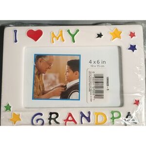 New 4 X 6  I Love My Grandpa‎ White Ceramic Picture Frame Stars Heart Multicolor